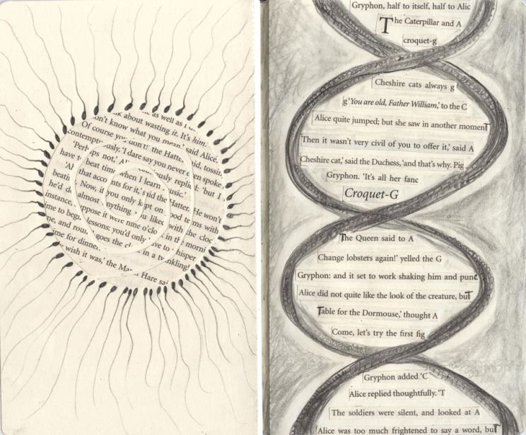 A Mad Tea Party and I am Opening Up Like the Largest Telescope that Ever Was (2010) each image 5” x 8 ¼” Pencil and cut text Facing pages from the original Aliceheimer’s sketchbook